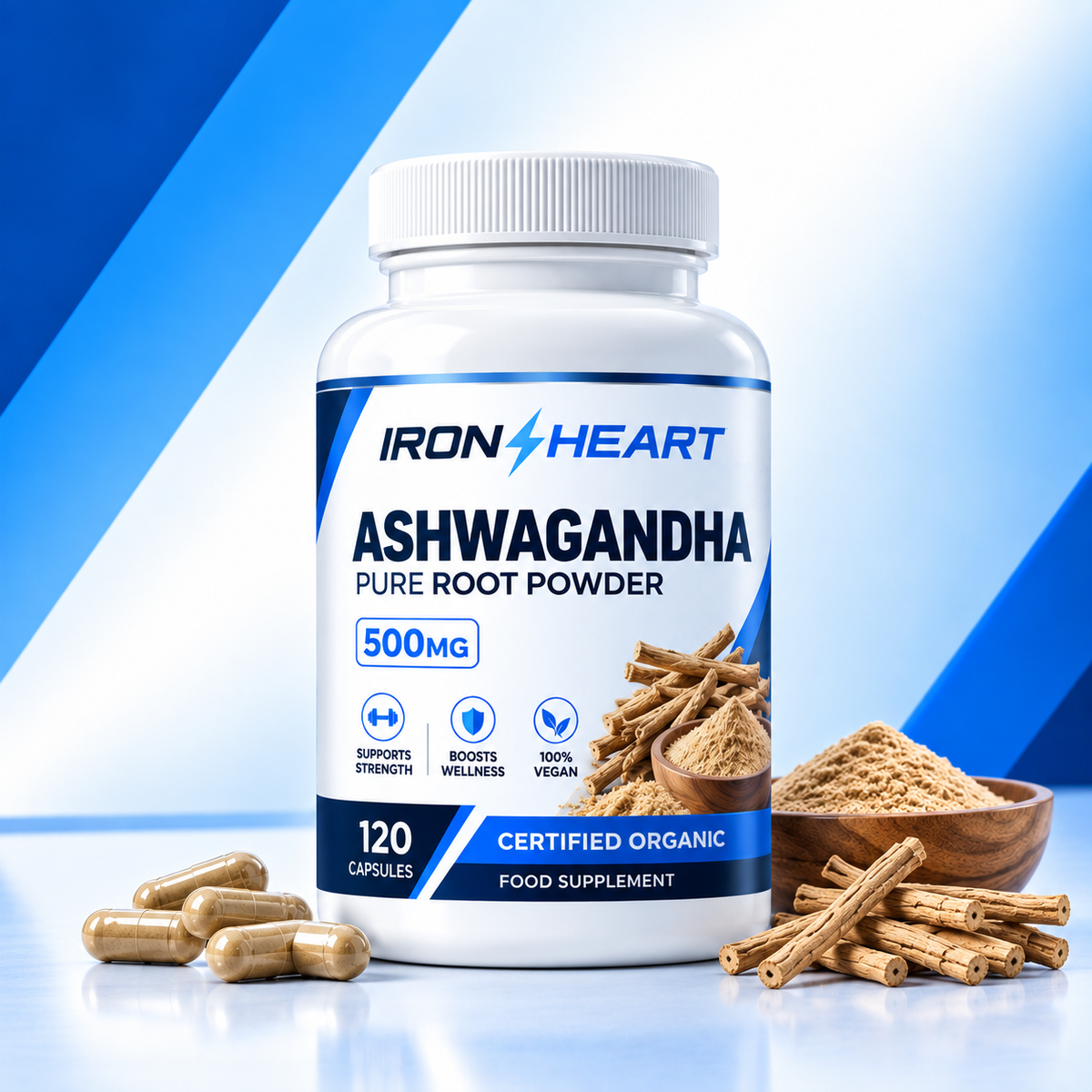 Organic Ashwagandha Capsules 500mg – Pure Root Powder, 120 Capsules